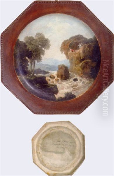 A Gorge With Figures On A Rock Above A Waterfall Oil Painting by Hubert Robert