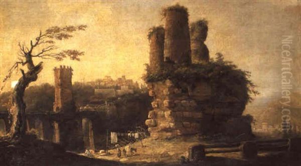 Lavandieres Dans Un Paysage Avec La Tombe Des Horaces Et Des Curiaces... Oil Painting by Hubert Robert