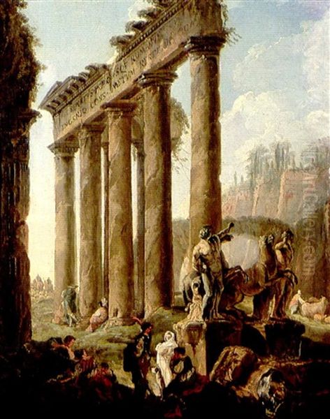 Figures In A Landscape With Ruins And Statues Of Castor     And Pollux Oil Painting by Hubert Robert