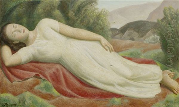 Jeune Femme Endormie Dans La Nature Oil Painting by Paul Theophile Robert