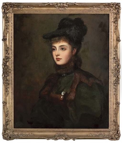 Portrait Of Lady Margaret Scott In A Fur-trimmed Green Coat And Hat Oil Painting by Ellis William Roberts