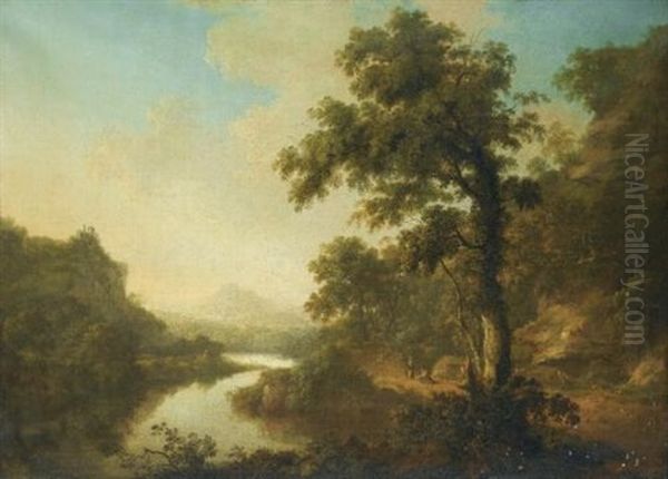 A Wooded River Landscape With Figures On A Path Oil Painting by Thomas Roberts