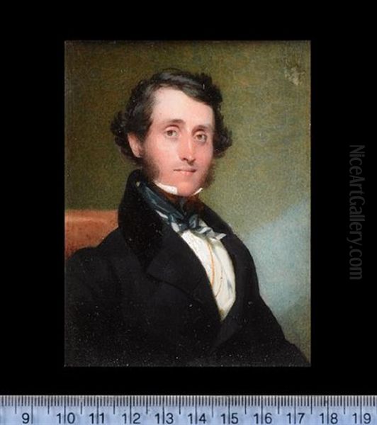 A Gentleman, (mr Millar?), Seated, Wearing Black Coat With Velvet Collar, White Waistcoat, White Chemise, Striped Teal Cravat And Gold Chains Oil Painting by Andrew Robertson