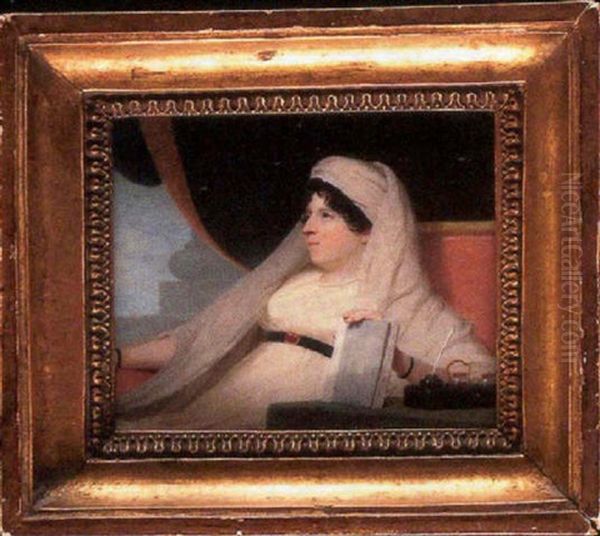 Portrait Of A Lady, Seated, Wearing A White Dress With Black Belt Set With Jewelled Clasp, Pearls At Her Neck Oil Painting by Andrew Robertson