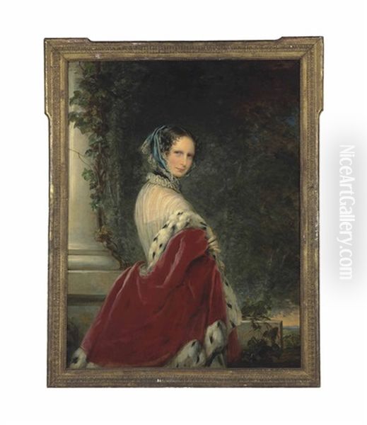 Portrait Of Empress Alexandra Feodorovna Of Russia, Nee Princess Charlotte Of Prussia, Three-quarter Length, In An Ermine-lined Red Mantle, In A Park Landscape Oil Painting by Christina Robertson