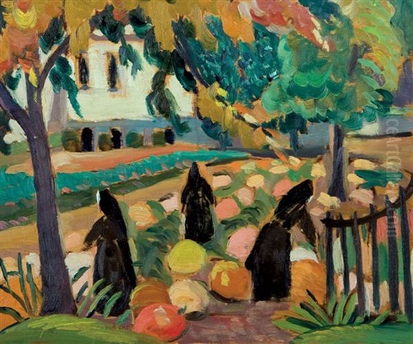 Mother House - Nuns Of The Congregation And Pumpkins (also Known As In The Garden Of The Mother House - St. Luke Street) Oil Painting by Sarah Margaret A. Robertson