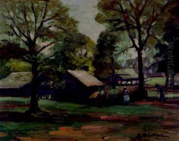 Figures By A Cottage Oil Painting by Sarah Margaret A. Robertson