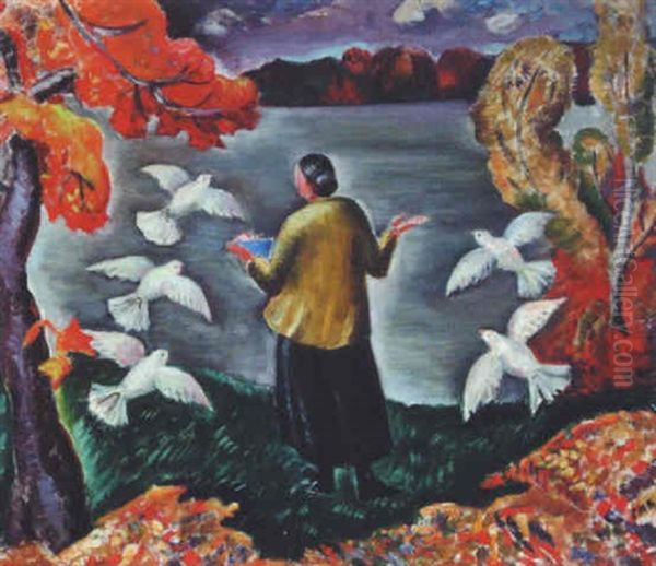 Woman With Doves In A Canadian Landscape Oil Painting by Sarah Margaret A. Robertson