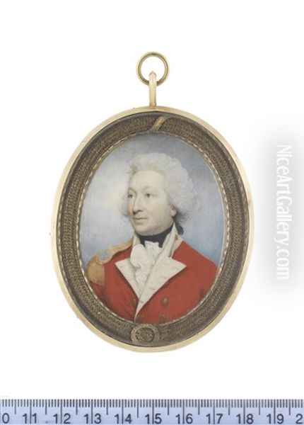 An Infantry Officer, Wearing Scarlet Coat With White Facings And Gold Epaulette, White Frilled Chemise And Black Stock, His Hair Powdered And Tied With A Black Ribbon Bow Oil Painting by Charles Robertson