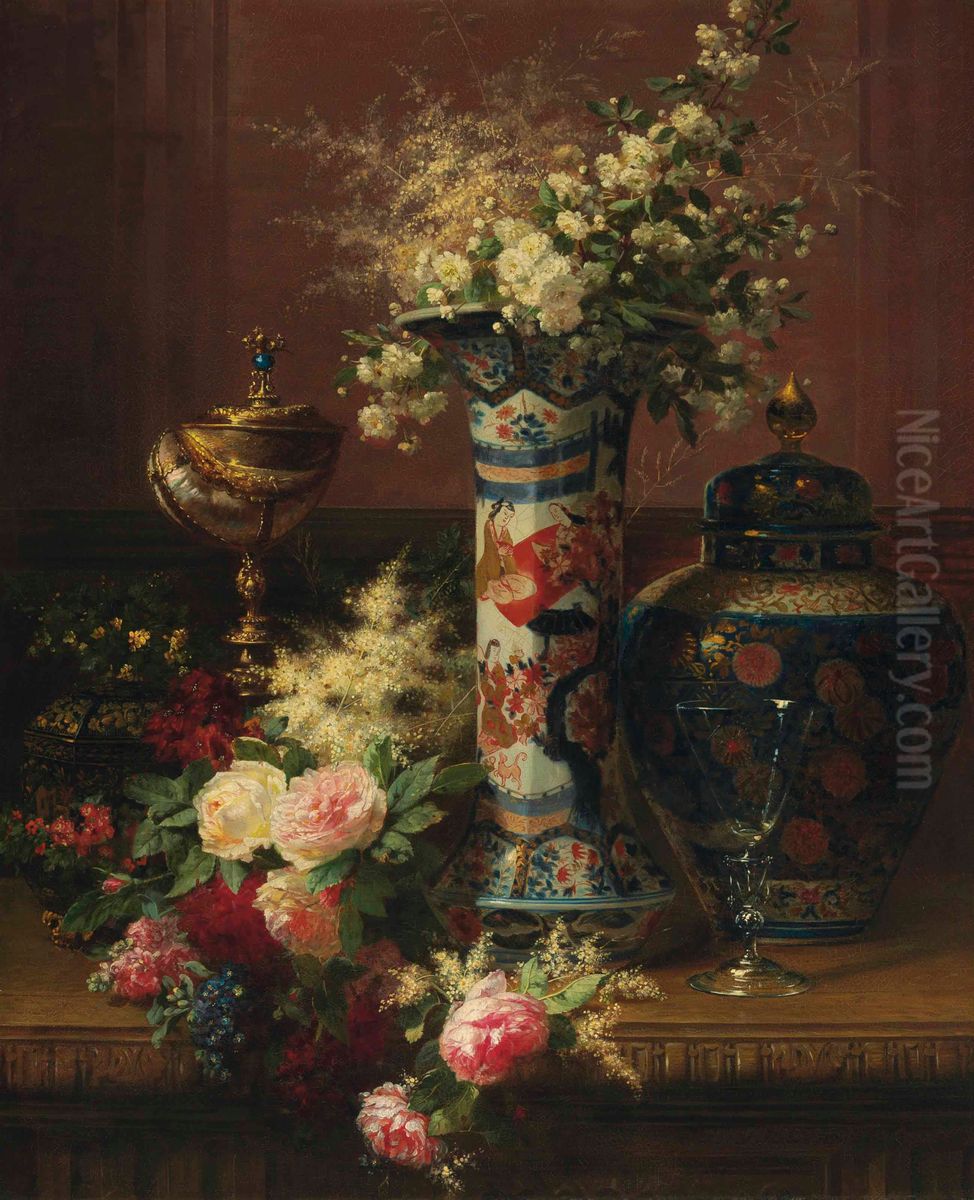 Roses, Peonies And Forget-me-nots In A Japanese Vase Oil Painting by Jean-Baptiste Robie
