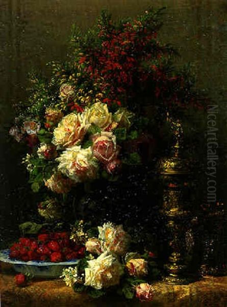 Roses And Other Flowers, A Bowl Of Strawberries, A Tankard And An Urn On A Draped Table Oil Painting by Jean-Baptiste Robie