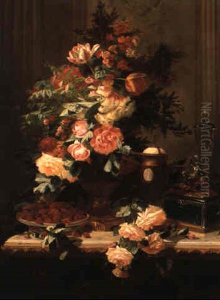 Still Life With Flowers And Elaborate Objects On A Marble Ledge Oil Painting by Jean-Baptiste Robie