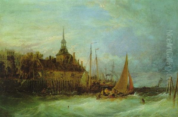 Segelschiffe Im Hafen Einer Stadt Oil Painting by Thomas Sewell Robins