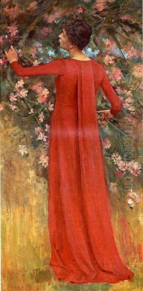 The Red Gown (his Favorite Model) Oil Painting by Theodore Robinson
