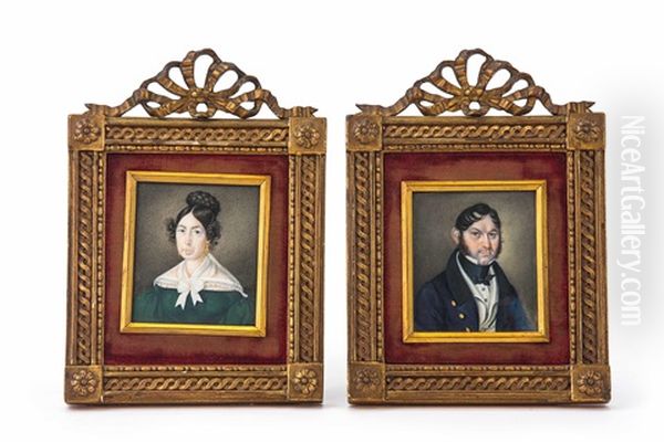 Herr In Blauem Mantel, Dame Mit Geflochtenem Haarkranz In Grunem Kleid (2 Works) Oil Painting by Francois Theodore Rochard
