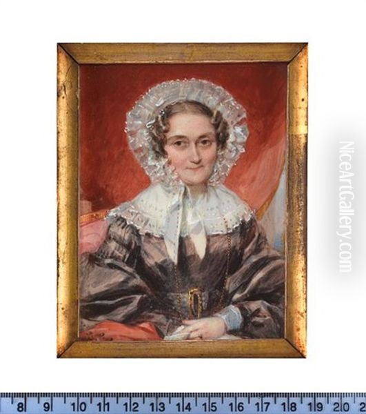 A Lady, Seated, Wearing Black Dress With Puff Sleeves, Matching Buckled Belt, White Collar And Cuffs, Frilled Bonnet Framing Her Face Oil Painting by Francois Theodore Rochard