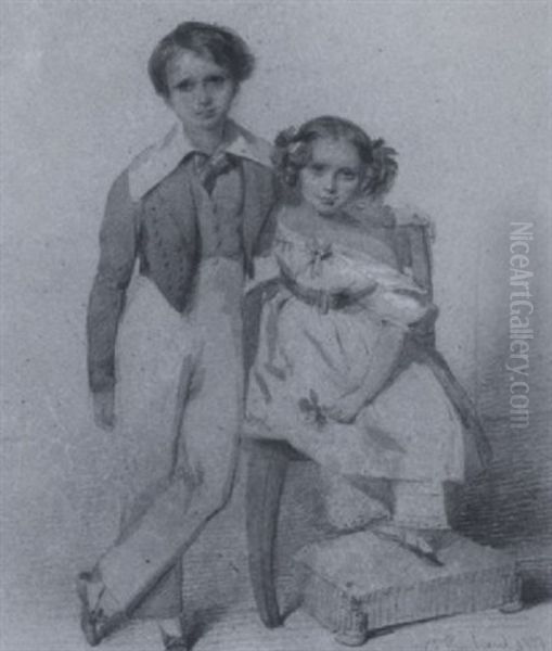 James Henry And Catherine Reed, As Children: She Wearing A White Dress With Blue Waistband And Ribbon, Her Brother Wearing White Pantaloons, Wide Collar, Brown Coat And Waistcoat Oil Painting by Francois Theodore Rochard