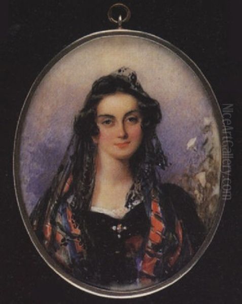 A Lady Wearing Decollete Black Dress, White Lace Underslip, Black Lace Veil And Multicoloured Shawl, A Brooch At Her Corsage Oil Painting by Francois Theodore Rochard