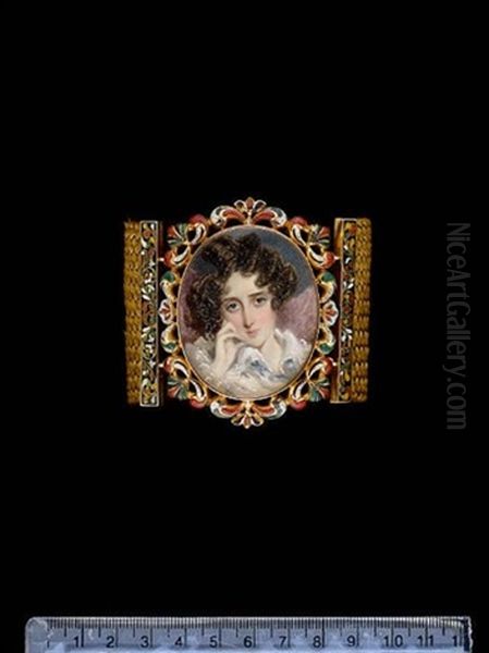 A Lady, Wearing White Lace Dress Trimmed At The Neck With Blue Ribbon, Her Dark Hair Curled, Reclining On A Pink Cushion, Her Right Hand Raised To Her Cheek Oil Painting by Simon Jacques Rochard