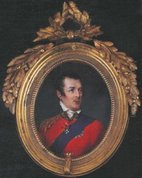 Portrait Of Arthur Wellesley, First Duke Of Wellington, Wearing Scarlet Uniform, The Badge And Sash Of The Garter And The Badge Of The Order Of The Bath Oil Painting by Simon Jacques Rochard