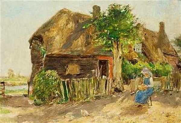 En Pige I Bla Kjole Foran Et Bondehus Oil Painting by Alexander Ignatius Roche