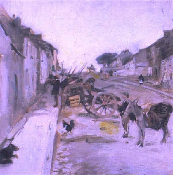 A Boy With A Donkey And Carts In A Village Street Oil Painting by Alexander Ignatius Roche