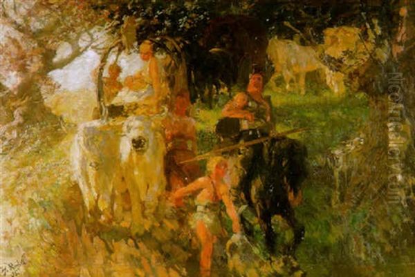 Germanenzug Mit Ochsenkarren In Waldlandschaft Oil Painting by Theodor Rocholl
