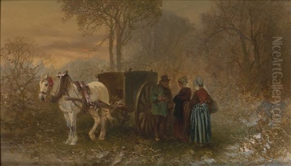 Figures Standing Next To A Carriage Oil Painting by Charles Rochussen