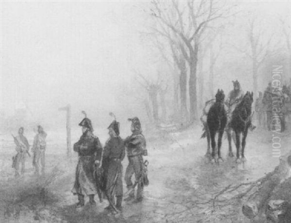 Cavaleristen Aan De Oever Van Een Bevroren Rivier Oil Painting by Charles Rochussen