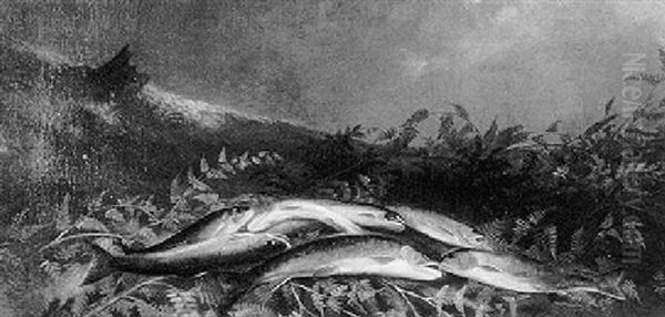 Still Life With Trout And Landscape Oil Painting by Augustus Rockwell