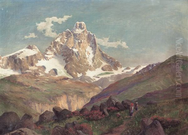 Donne Con Gerla E Veduta Del Cervino Oil Painting by Leonardo Roda