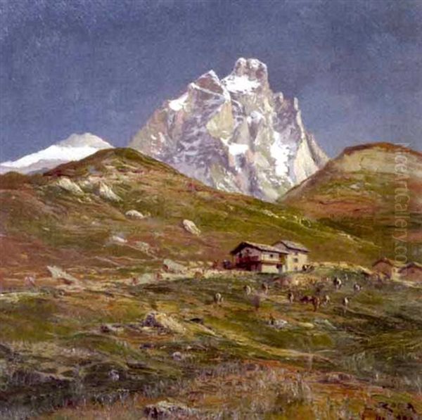 A View Of Monte Cervino With Cattle Grazing In Front Of A Village Oil Painting by Leonardo Roda