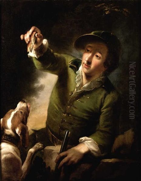 Portrait De Chasseur Avec Son Chien Oil Painting by Bernhard Rode