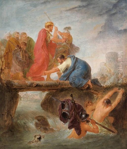 Simei Fallt Beim Durchgang Durch Den Jordan Dem David Zu Fusen, Der Ihm Das Leben Rettet Oil Painting by Bernhard Rode