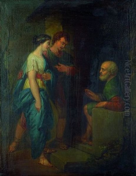 Szene Aus Der Antiken Geschichte - Ein Junges Paar Vor Einem Sitzenden Greis Oil Painting by Bernhard Rode