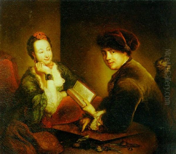 Portrait Of A Lady And A Gentleman Seated At A Table In An Interior Oil Painting by Bernhard Rode