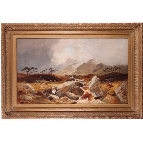 Rustics Resting By A Highland Stream Oil Painting by Clarence Roe