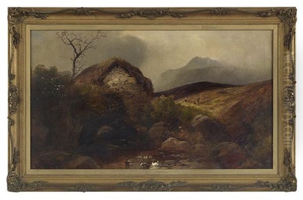 Travelers In A Highland Landscape With A Windmill And A Pond Oil Painting by Clarence Roe