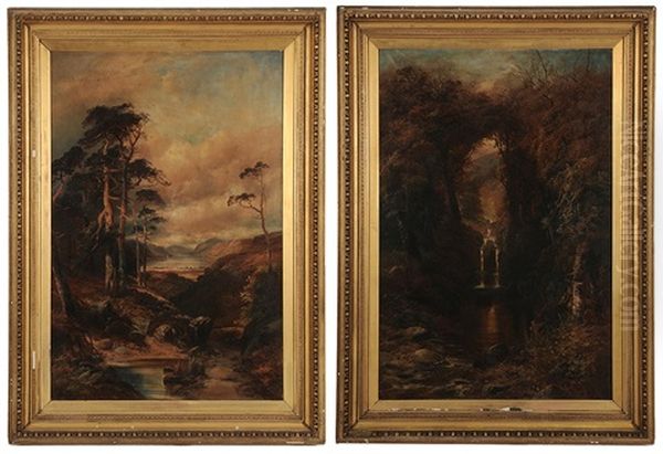 Mountan Stream With Distant Pond; A Waterfall (pair) Oil Painting by Clarence Roe