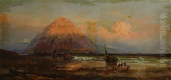 Zeilboten En Vissers Bij Een Rotsachtige Kust Met Kasteel In De Verte (voiliers Et Pecheurs Pres D'une Cote Rocailleuse, Chateau A L'arriere-plan) Oil Painting by Clarence Roe