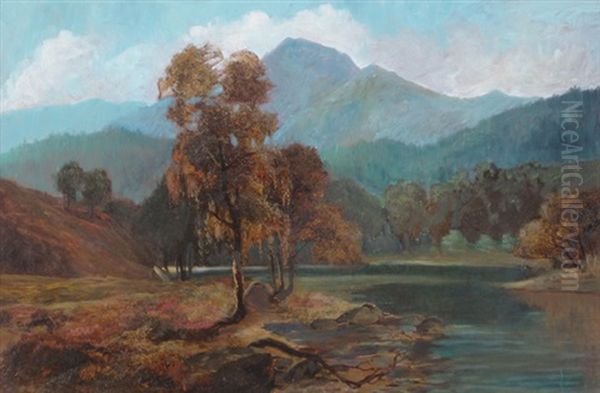 Scottish Loch At Dusk, An Autumn Landscape With Mountains In The Background Oil Painting by Clarence Roe