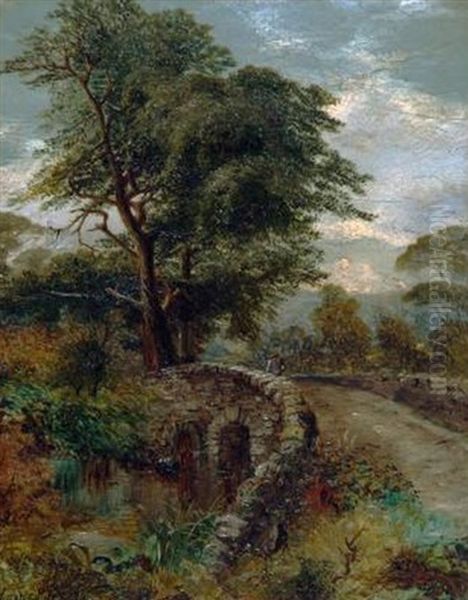 A Highland Glen With Figure Crossing A Bridge Oil Painting by Clarence Roe