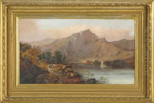 Highland Mountain Landscape With Shepherd And Cattle On Footpath, Sailboat On Lake Oil Painting by Clarence Roe