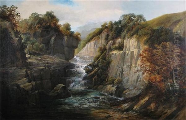 A Waterfall In A Rocky Gorge Oil Painting by Clarence Roe