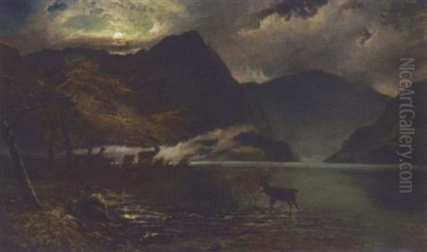 Stags Watering By A Moonlit Loch Oil Painting by Clarence Roe