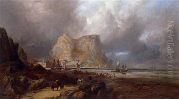 Fisherfolk Crossing A Beach, A Harbour Beyond Oil Painting by Clarence Roe