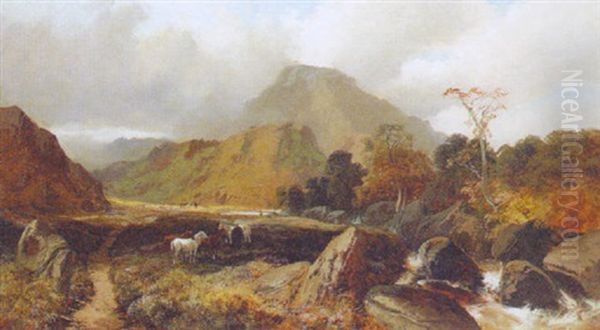 Ponies By A Stream In A Mountainous Landscape Oil Painting by Clarence Roe