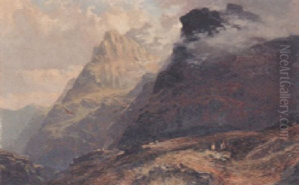 Shepherds In A Highland Landscape Oil Painting by Clarence Roe