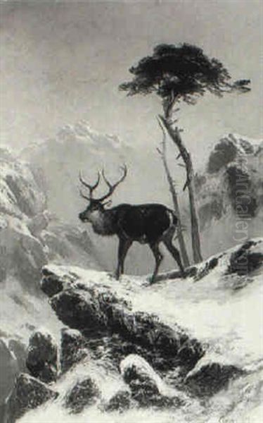 A Stag In The Snow Oil Painting by Clarence Roe