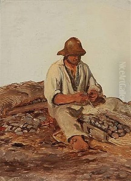 A Fisherman Fixing His Fishing Net Oil Painting by Holger Roed